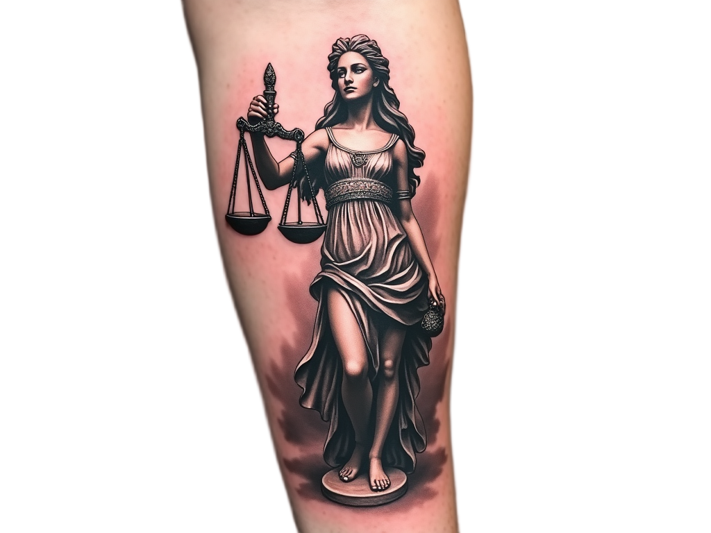 On the forearm, a Lady Justice tattoo boasts a 3D effect, making the scales appear to hover above the skin.