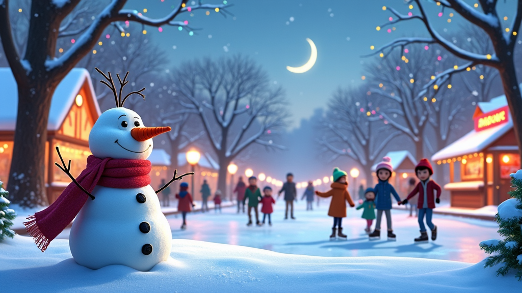 A delightful scene of a cartoon city park blanketed in snow, alive with animated people ice skating on a frozen pond. Christmas lights twinkle from the trees, and a nearby cozy snack stall serves hot chocolate, while a cheerful snowman watches over the giggling skaters.