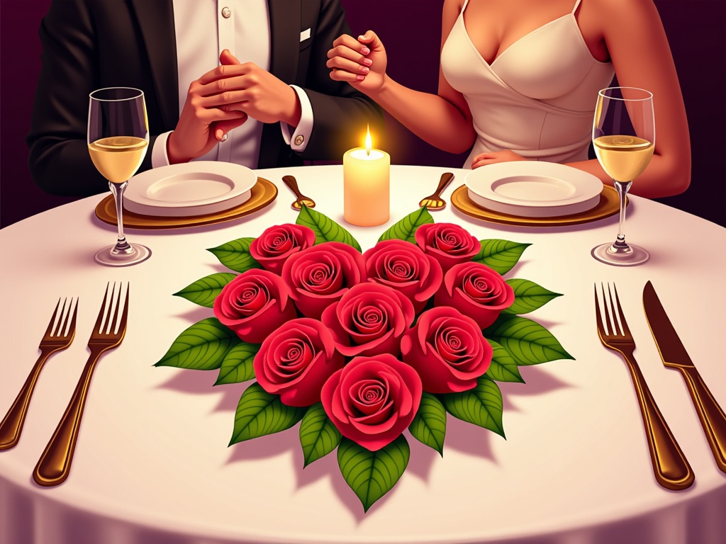 A heart-shaped arrangement of roses on a dinner table set for two.