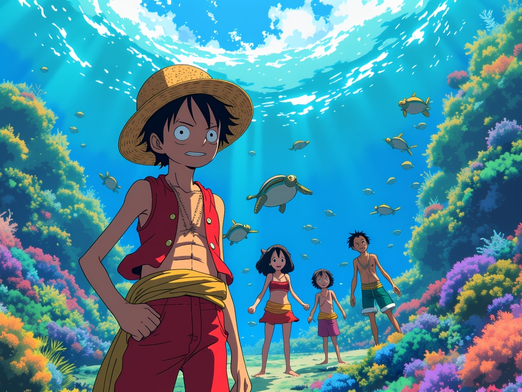 Fascinating underwater scene with Luffy and his crew exploring the Fish-Man Island, surrounded by marine life and vibrant coral reefs.