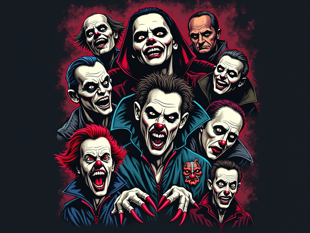 A collage of iconic horror/cult film monsters or scenes rendered in a low-fidelity, pixelated style reminiscent of old video game graphics or early digital art, with VHS static overlays.
