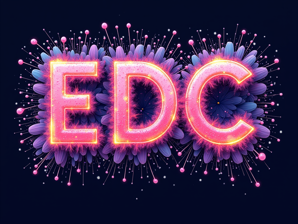 Energetic Bloom Burst Text: 'EDC' or 'Electric Daisy Carnival' in a dynamic, bold font where letters appear to be bursting or exploding outwards, emitting a shower of electric petals and glowing particles like vibrant, energetic flora.
