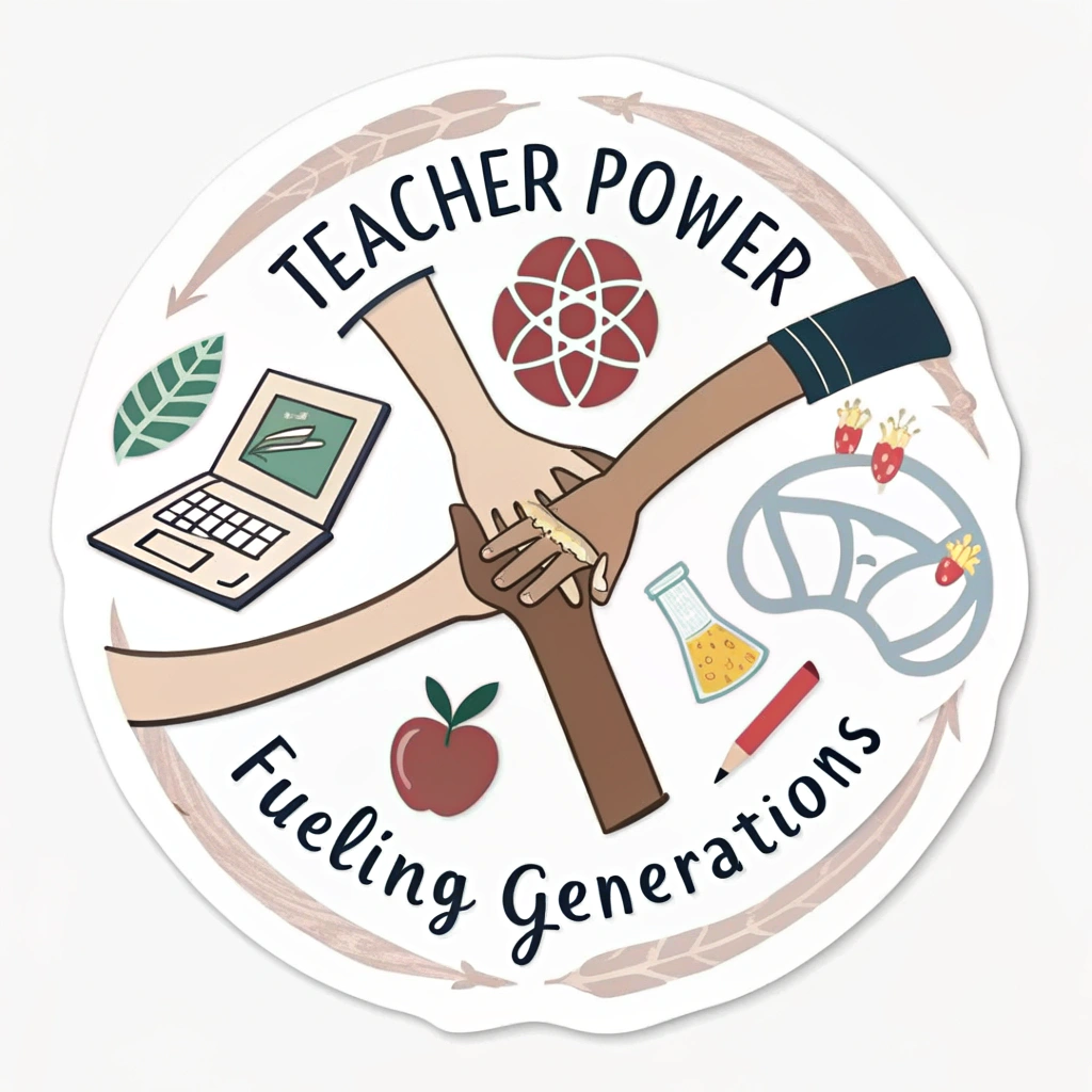 Sticker Design 4: United Hands Circle. A design showing a diverse set of interconnected hands forming a supportive circle. Small academic symbols (apple, book, pencil) can be subtly integrated. 'Teacher Power' is centered, with 'Fueling Generations' encircling the design.
