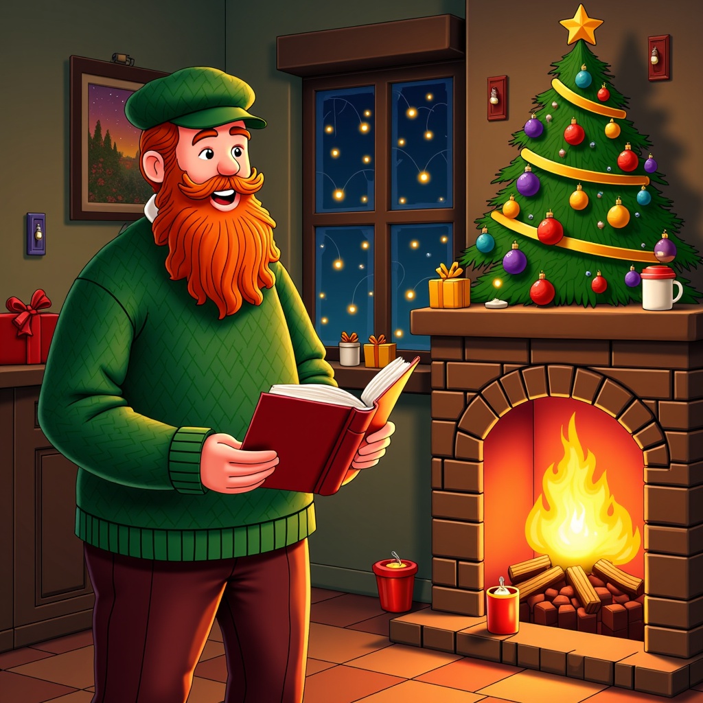  a man with a long red beard and mustache, wearing a green sweater and a green cap, standing in front of a fireplace. He is holding a red book in his hands and appears to be reading it intently. The fireplace is decorated with a Christmas tree and a star on top. There are several gift boxes and presents scattered around the room, and a window with string lights can be seen in the background. The overall mood of the image is festive and cozy.