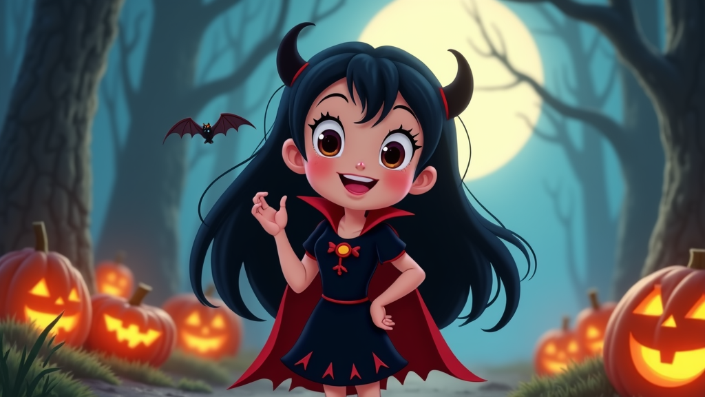 The image is a digital illustration of a cute little girl dressed up as a vampire. She has long black hair with horns on her head and is wearing a red cape and a black dress with a red collar. She is standing in a forest with tall trees and a full moon in the background. There are several jack-o-lanterns scattered around the ground, some of which are lit up with orange glow. The girl is holding a bat in her hand and has a big smile on her face. The overall mood of the image is spooky and Halloween-themed.