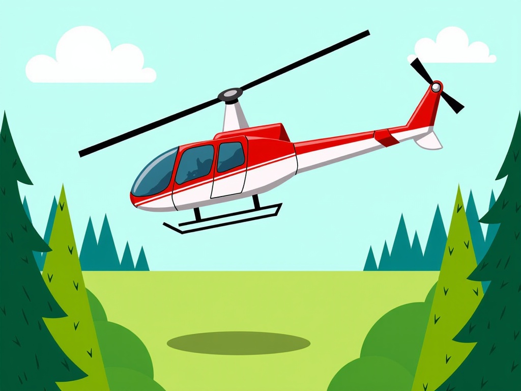  a red and white helicopter flying over a green landscape with trees and bushes. The helicopter is in the center of the image, with its rotors spinning and its landing gear down. The sky is blue with white clouds and the ground is covered in green grass. The trees on either side of the helicopter are tall and green, and there is a small pond in the foreground. The overall scene is peaceful and serene.