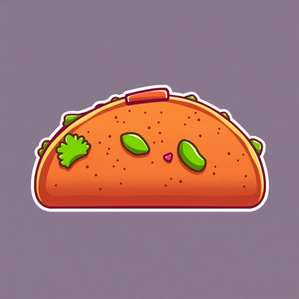 The image is a digital illustration of a taco. The taco is orange in color and has a round shape with a flat top. It is decorated with small green leaves and small red dots scattered across its surface. There are also two small green peas on top of the taco, one on each side. The background is a light purple color. The overall design is simple and cartoon-like.