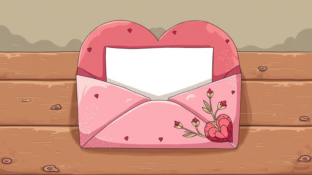 A heart-shaped envelope with a love letter peeking out.