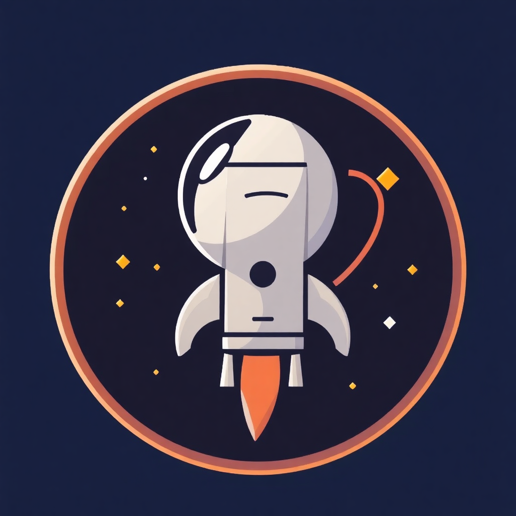 The image is an illustration of a rocket ship in a circular frame. The rocket is white with an orange tail and a black nose. It is flying towards the right side of the frame, with a small orange flame trailing behind it. The background is dark blue with small yellow stars scattered around. The overall style of the illustration is flat and minimalistic.