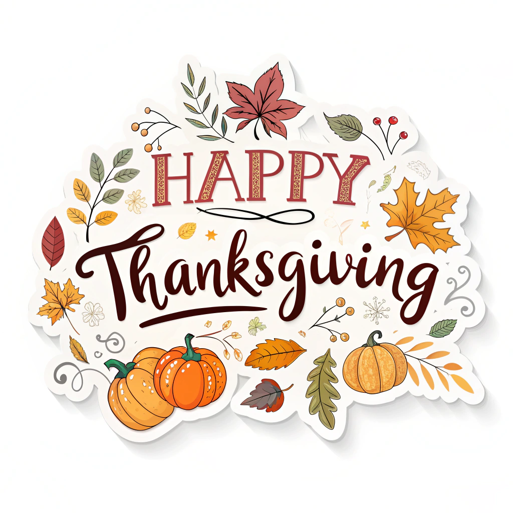 The image shows a poster with a white background featuring a happy Thanksgiving sticker with pumpkins and leaves. The text reads 