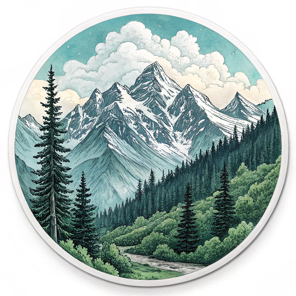 A circular decal featuring a detailed mountain scene inside.