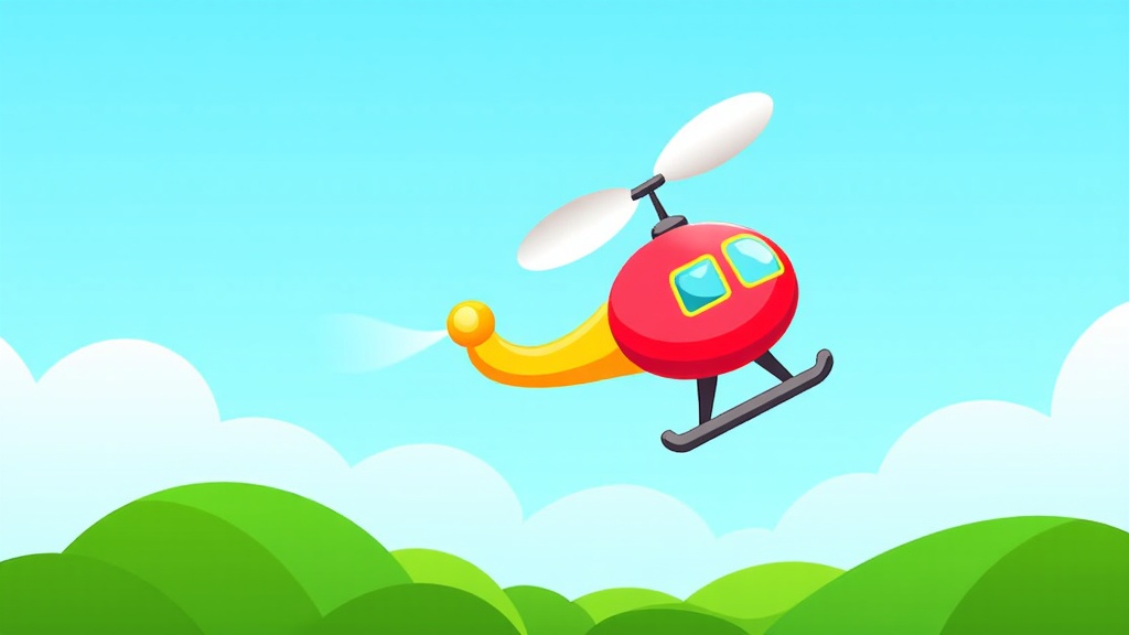 The image is a digital illustration of a red helicopter flying over a green landscape. The helicopter has a yellow propeller and two windows on the front. The sky is blue with white clouds scattered throughout. The landscape below is a mix of green hills and trees. The overall color scheme of the image is bright and cheerful.