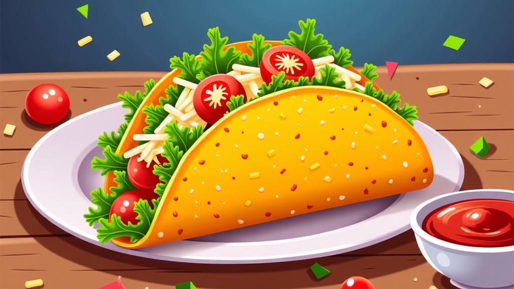  a large taco on a white plate with a small bowl of ketchup on the side. The taco is filled with lettuce, tomatoes, and cheese. The plate is placed on a wooden table with a blue background. There are also some confetti scattered around the plate and a few cherry tomatoes on the table. The overall color scheme of the image is bright and vibrant.