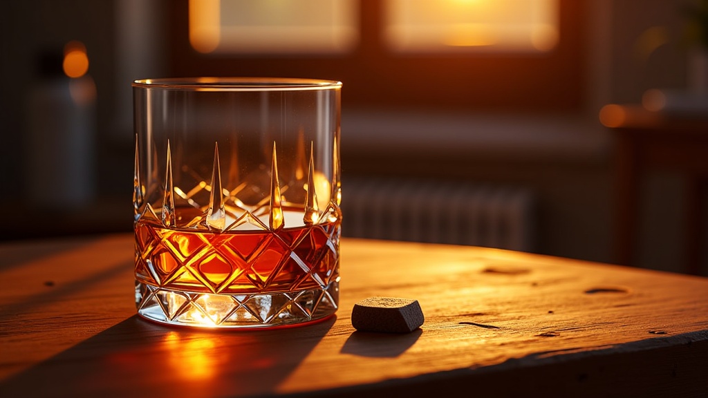  a glass of whiskey on a wooden table. The glass is made of crystal and has a diamond pattern on it. The whiskey is a dark amber color and appears to be freshly poured. There is a small piece of wood on the table next to the glass. The background is blurred, but it seems to be a dimly lit room with a window and a radiator. The overall mood of the image is cozy and inviting.