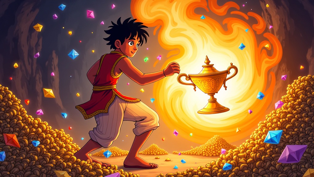 Aladdin and the Magic Lamp: Depict the moment Aladdin first rubs the lamp in the Cave of Treasures, with a powerful Djinni beginning to emerge in a swirl of magic smoke, surrounded by glittering gold and jewels.