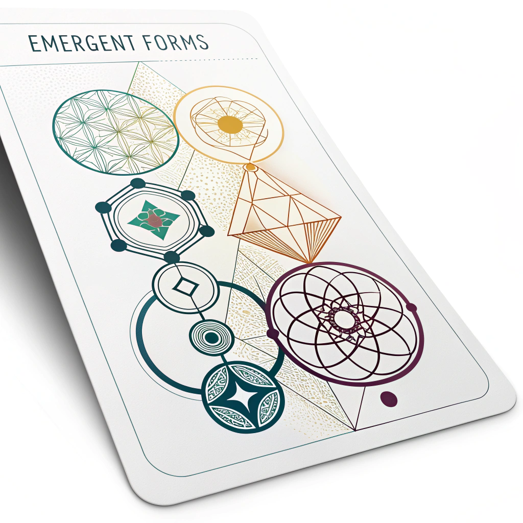 Emergent Forms: A visual representation of simple geometric shapes or lines (symbolizing initial algorithmic rules) progressively combining and evolving into a complex, beautiful, and unexpected pattern, perhaps with a subtle digital glitch aesthetic.