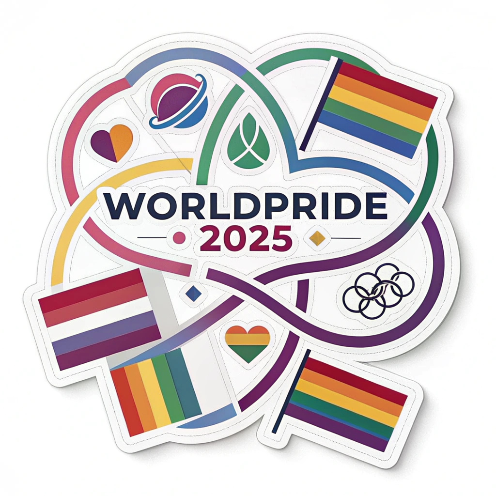 Sub-design 3: Geometric Symbol Weave - A modern, graphic design where stylized geometric interpretations of LGBTQ+ symbols and flag color blocks are arranged in an overlapping, interwoven pattern, creating a sense of interconnectedness. 'WorldPride 2025' as bold text.