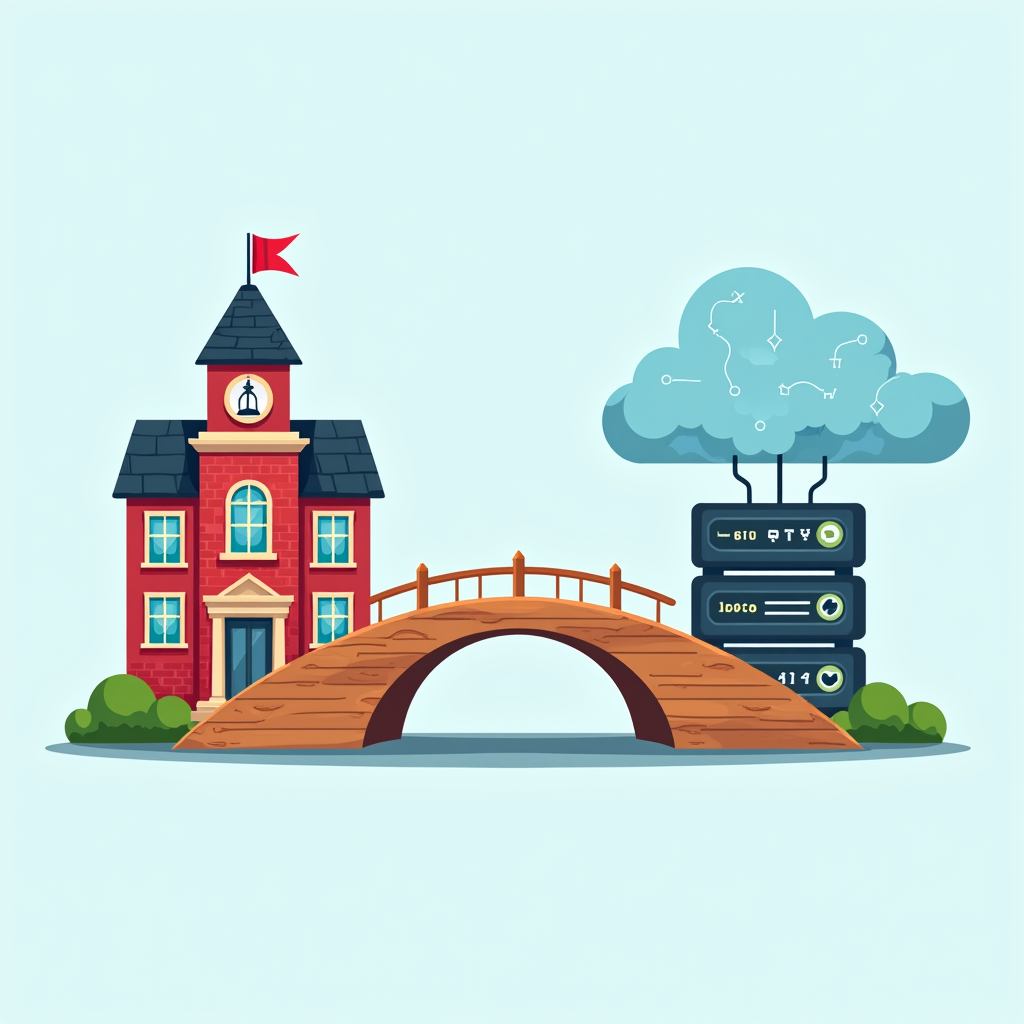 Bridging Iconography Tee: An illustration showing a simple bridge connecting a traditional school building icon on one side to a cloud/server icon on the other, symbolizing the link between physical and online spaces.