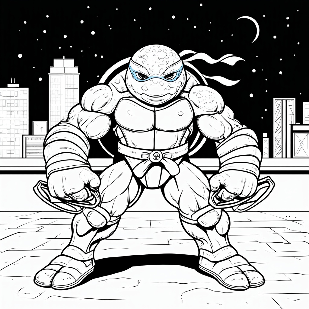 The image shows a sketch of a teenage mutant ninja turtle in the foreground, surrounded by buildings and a night sky with stars and a moon. It is a free printable coloring page for kids.