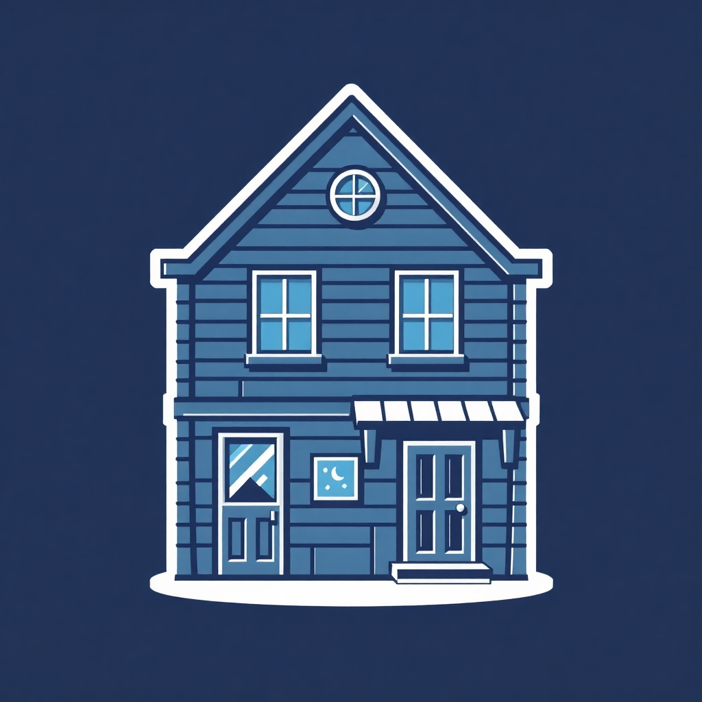 The image is a simple illustration of a two-story house. The house is blue in color and has a sloping roof with a small chimney on top. The front of the house has two windows on the second floor and a door on the third floor. There is a small window on the left side of the front door and a small porch on the right side. Above the windows, there is a circular window with a white frame. The overall design is simple and minimalistic.