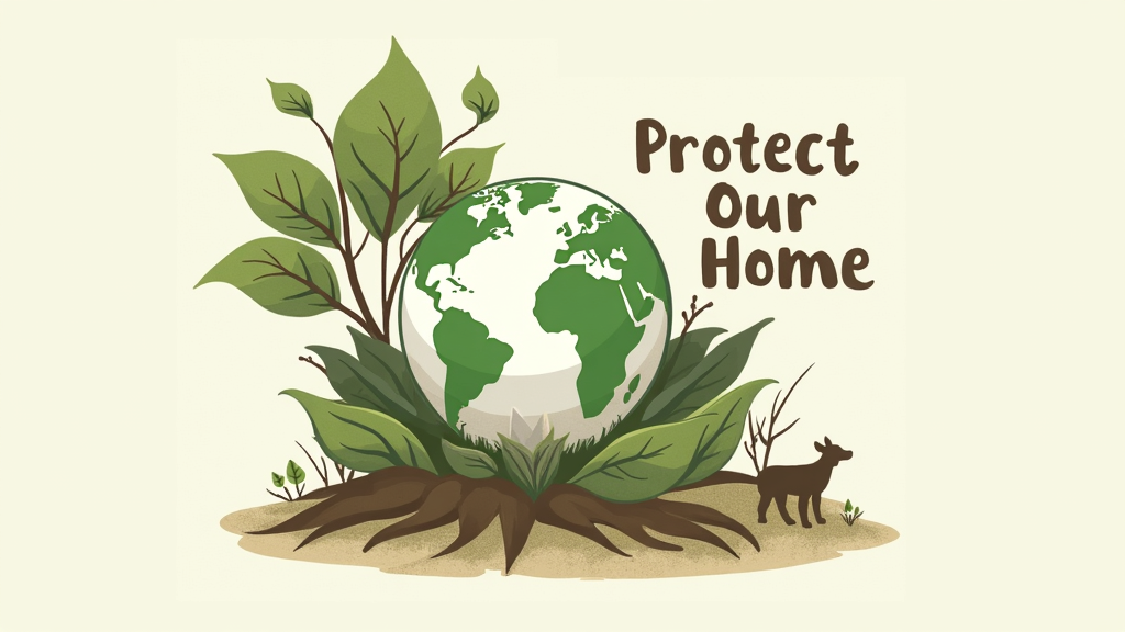 A nature-centric design where the Earth is nestled within protective, oversized natural elements like large, enveloping leaves, strong tree roots, or gentle outlines of animals, with 'Protect Our Home' harmoniously placed within this imagery.