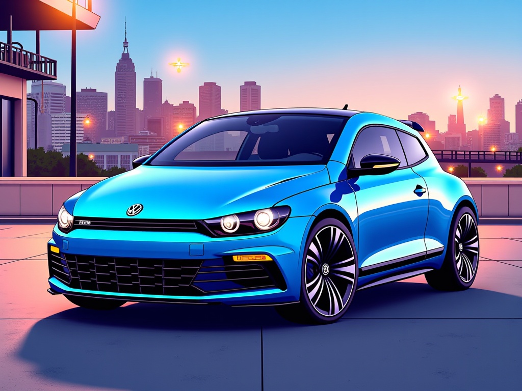 The image is a digital illustration of a blue Volkswagen Scirocco car parked on a rooftop with a city skyline in the background. The car is facing towards the right side of the image and is positioned in a way that it appears to be in motion. The sky is a beautiful orange and pink color, indicating that it is either sunrise or sunset. The city skyline is visible in the distance, with tall buildings and skyscrapers. The buildings are lit up with colorful lights, creating a vibrant and lively atmosphere. The Volkswagen logo is prominently displayed on the front of the car.