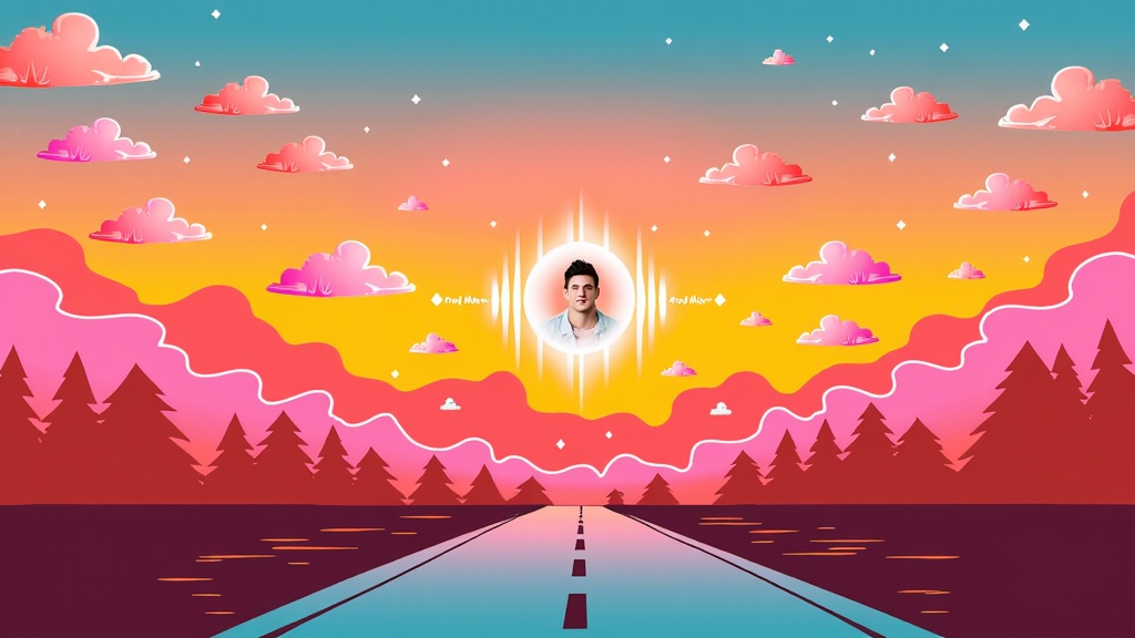 An abstract or stylized illustration where soundwaves from an acoustic guitar visually merge with the layers of a sunset sky over a simplified country road motif. Post Malone's profile could be subtly integrated into the landscape or cloud formations.