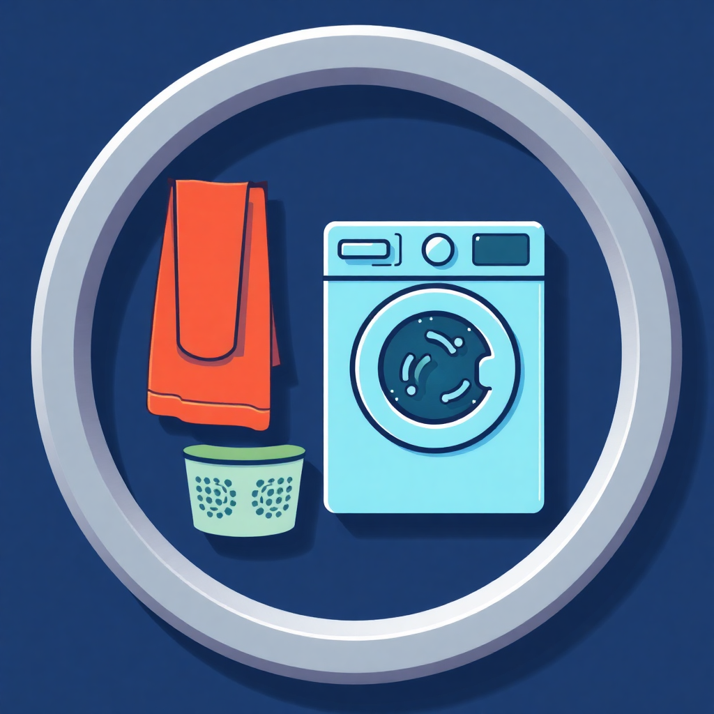 The image shows a washing machine with a basket and a towel hanging from it. The washing machine is a bright blue color and the basket is a light green color. The towel is a deep red color and is draped over the top of the washing machine.