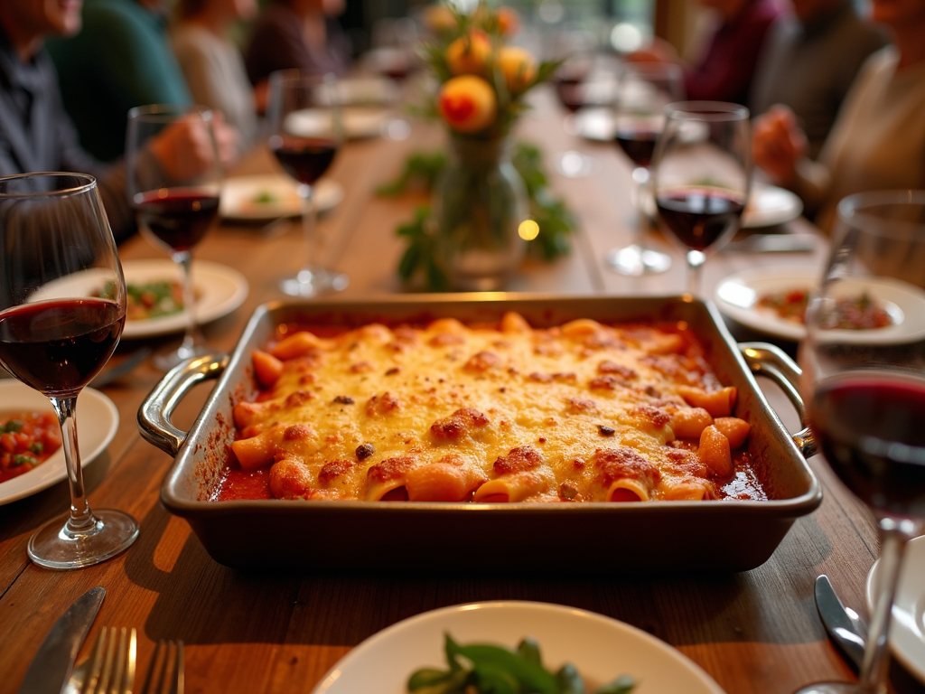 A birds-eye view of a large family dinner, featuring a serving tray filled with bubbling baked ziti, glasses of wine and water surrounding on the wooden table.