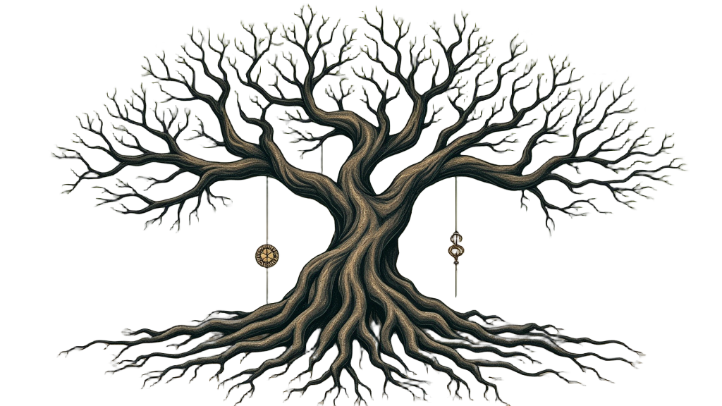 An ancient tree of life tattoo on the back, with winding roots and branches embracing cycles of life, creation, and connectivity.