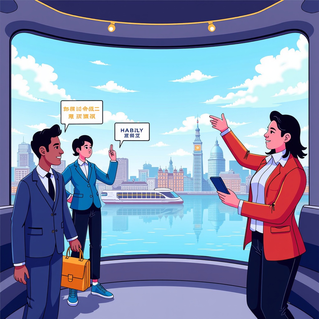 Sub Design Idea 2: 'AI Concierge & Augmented Journey'. Illustration capturing an interior view where panoramic smart windows display context-aware augmented reality overlays. The AI acts as a tour guide, highlighting landmarks, providing real-time translations of signs, or suggesting nearby points of interest tailored to passenger preferences. Interaction is shown via intuitive gestures or voice commands to the AI.