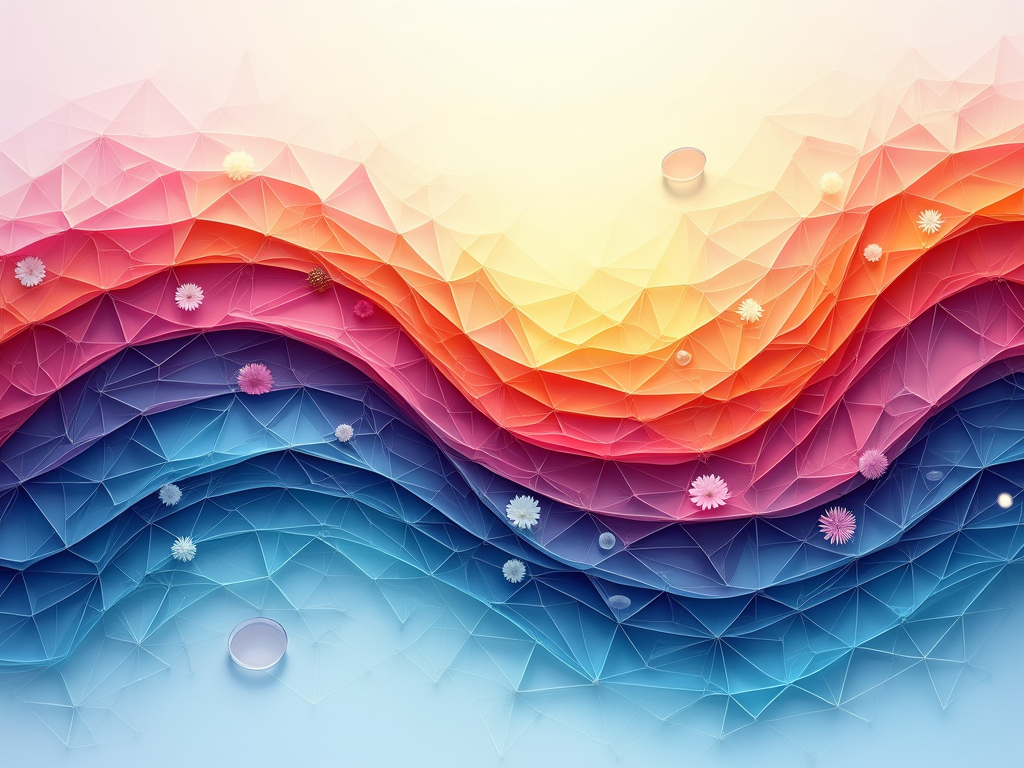 T-shirt with layered, flowing waves made of colorful geometric patterns (triangles, lines) to represent electric energy. Abstract daisy silhouettes or petal outlines are subtly woven into these dynamic wave layers.