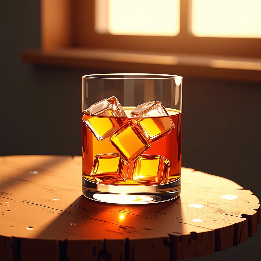  a glass of whiskey on a wooden table. The glass is filled with a golden-brown liquid and has several ice cubes floating in it. The background is blurred, but it appears to be a room with a window and a wooden shelf. The lighting is soft and warm, creating a cozy atmosphere. The overall mood of the image is warm and inviting.