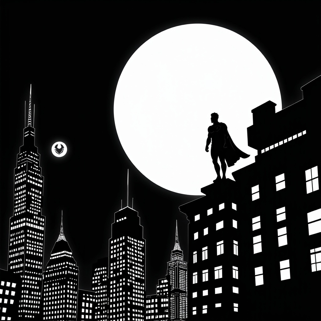 A nighttime cityscape silhouette with the superhero's symbol projected onto the moon or a searchlight, creating a dramatic scene.