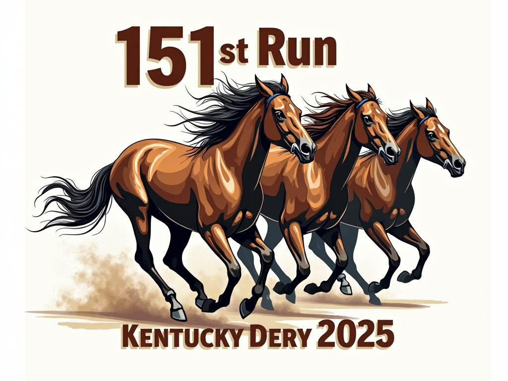 Modern Race Action T-Shirt: A dynamic design showcasing a stylized illustration of thoroughbreds at full gallop, with '151st Run' and 'Kentucky Derby 2025' in a bold, contemporary typeface. Incorporate motion lines to convey speed and excitement.