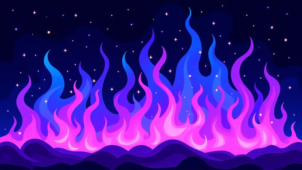 The image is an illustration of a night sky with a dark blue background. The sky is filled with small white stars, creating a starry effect. In the center of the image, there is a large wave-like structure made up of pink and blue flames. The flames are arranged in a way that creates a sense of movement and energy. The colors are vibrant and the overall style is cartoon-like. The overall effect is that of a fiery explosion or fire.