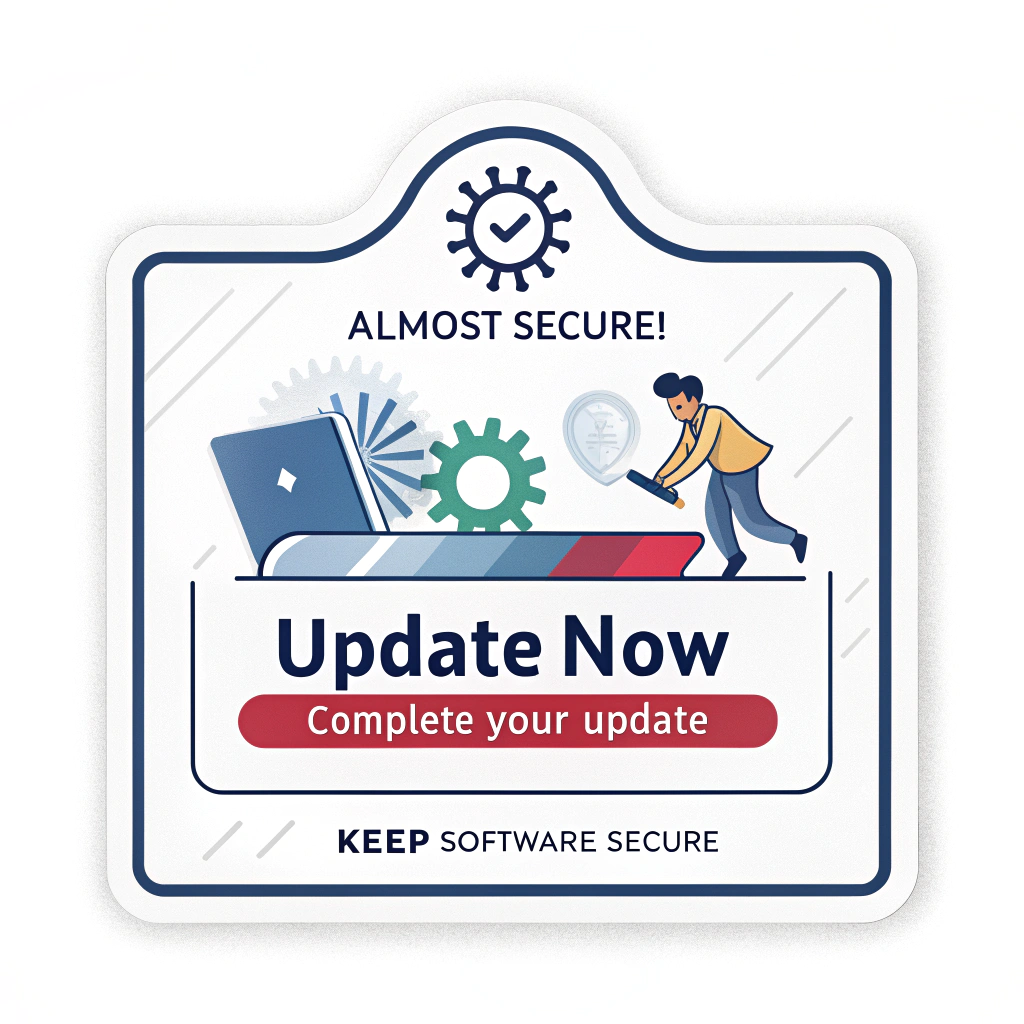 Sticker Sub-Design 3 (Progress Bar): A design featuring an almost complete software update progress bar. The remaining section is labeled 'Update Now'. Text above reads: 'Almost Secure! Complete Your Update.' Footer: 'Keep Software Secure'.