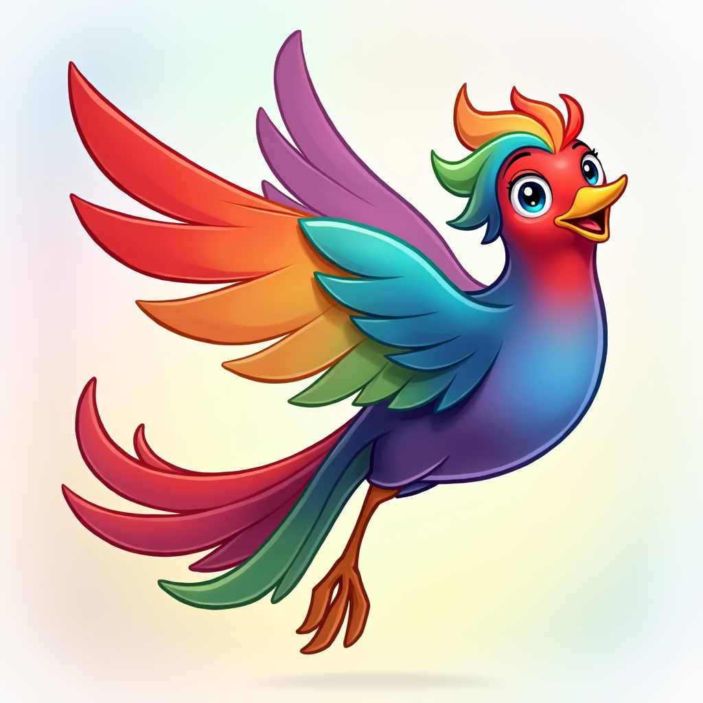 A logo featuring a stylized rainbow bird in flight, with a flowing tail of multicolored feathers, conveying a sense of magic and storytelling.