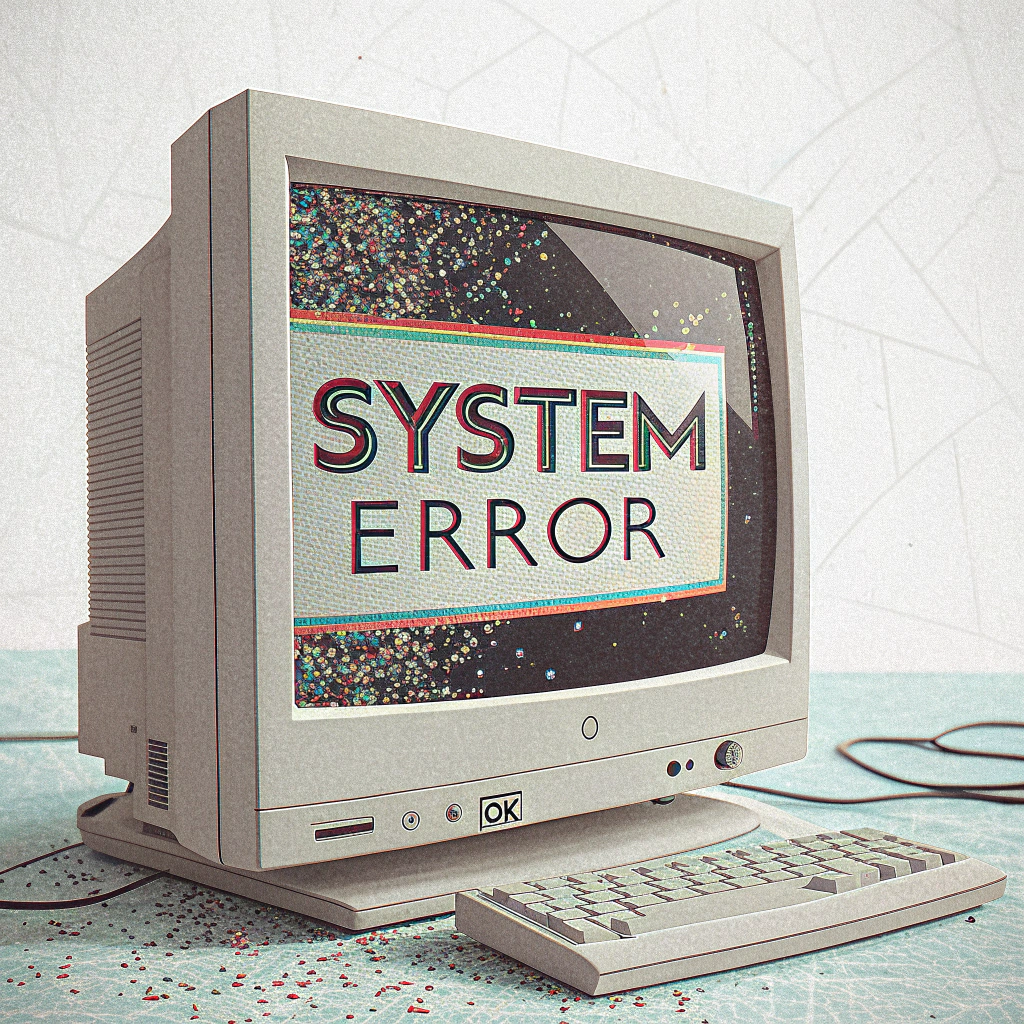 A classic rectangular error message window, heavily pixelated and color-shifted, with fragmented 'SYSTEM ERROR' text. Include a glitched 'OK' button that looks unclickable and distorted.