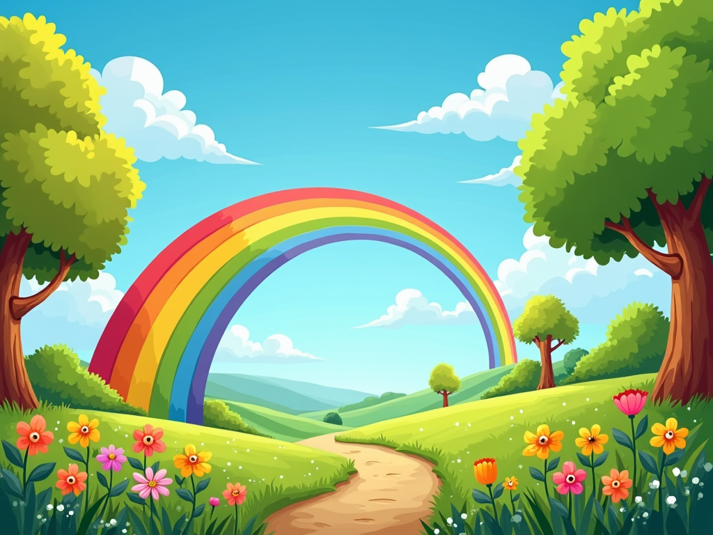 A cheerful, vibrant rainbow arches over a lush valley filled with cartoonish, friendly-looking trees and flowers. The style is simple and inviting, suitable for children.