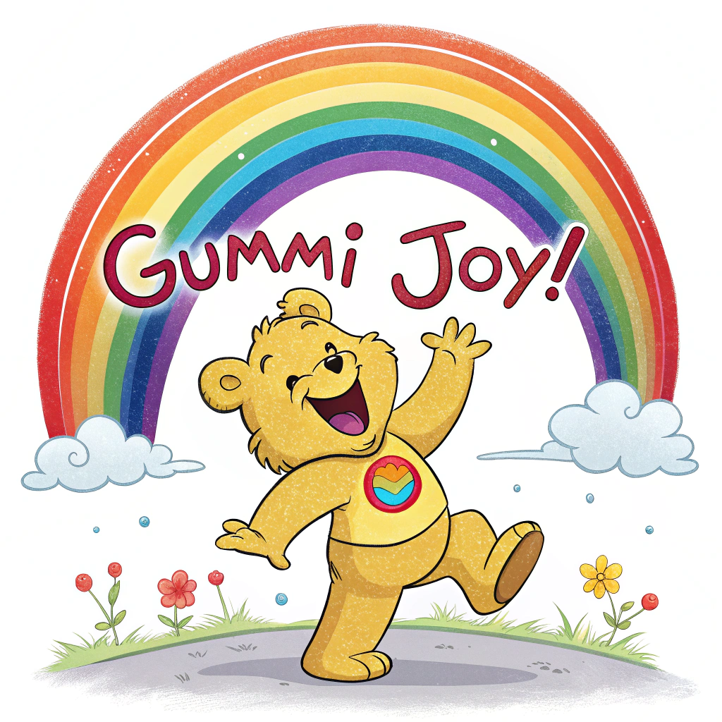 A cheerful Gummi Bear standing before a vibrant rainbow arch, with 'Gummi Joy!' text integrated into the design.