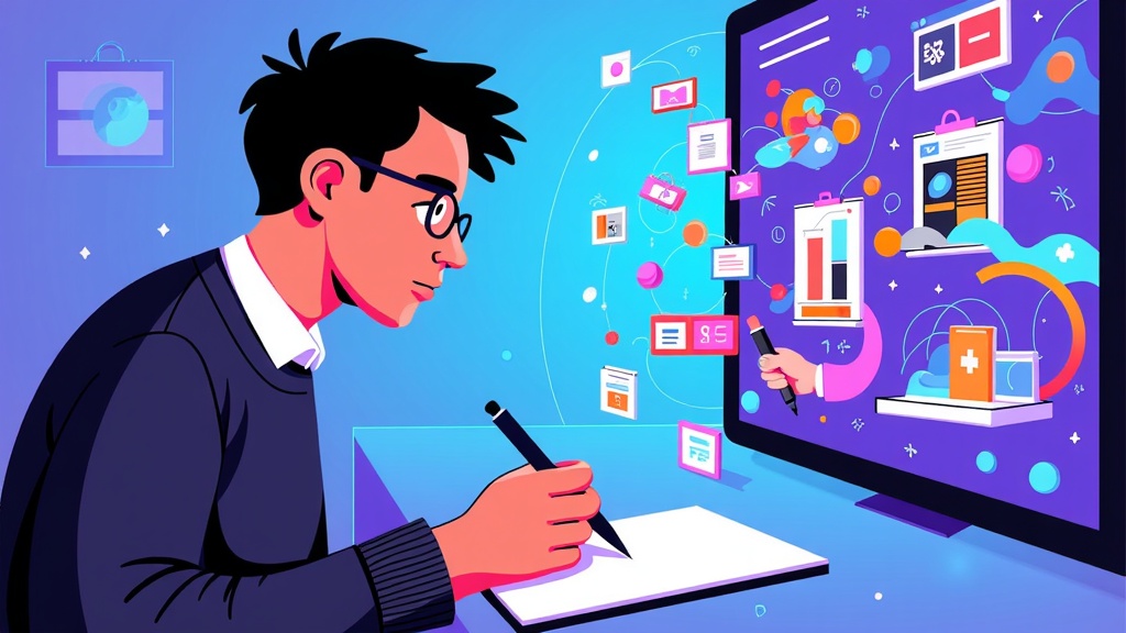 A split-screen visual: One side shows a content creator brainstorming, the other side shows an AI interface actively generating diverse illustration styles (e.g., for blogs, social media, presentations) flowing towards the creator.