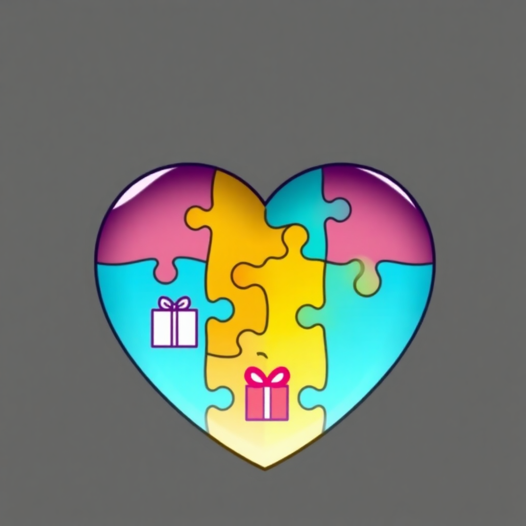 A heart with a puzzle piece texture. The pieces have gift-like icons.