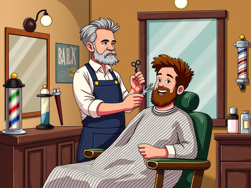  a barber cutting a man's hair in a barbershop. The barber is standing behind the barber, holding a pair of scissors and a comb. The man is sitting in a green barber chair with a striped cape draped over his lap. He has a beard and mustache and is smiling as he cuts the man's beard. The background of the image shows the interior of the salon with various barber tools and equipment. There is a large mirror on the wall and a sign that reads Bark. The overall color scheme of the room is beige and brown.