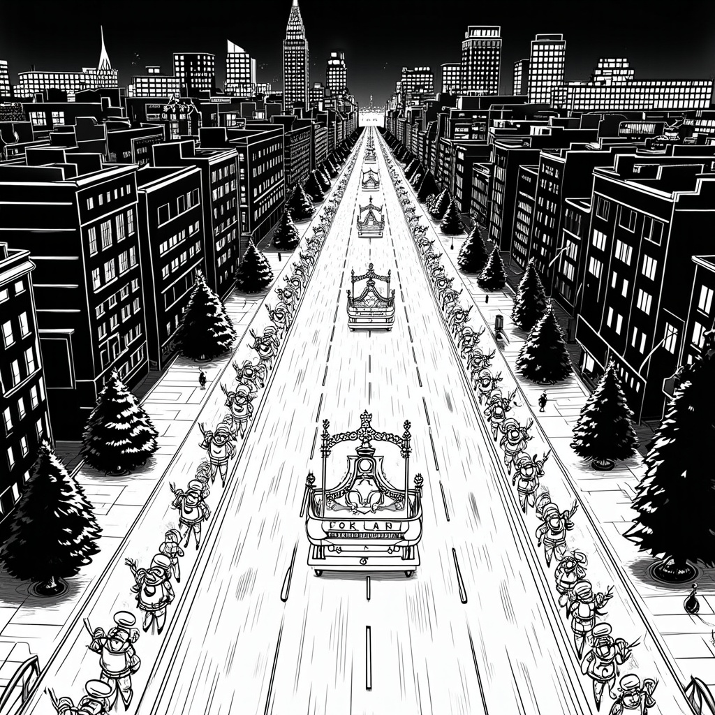 An overhead view of a section of the parade route, with miniature, illuminated floats and bands creating a ribbon of light through the darkened city streets. Incorporate iconic Portland landmarks in the background, also subtly lit.