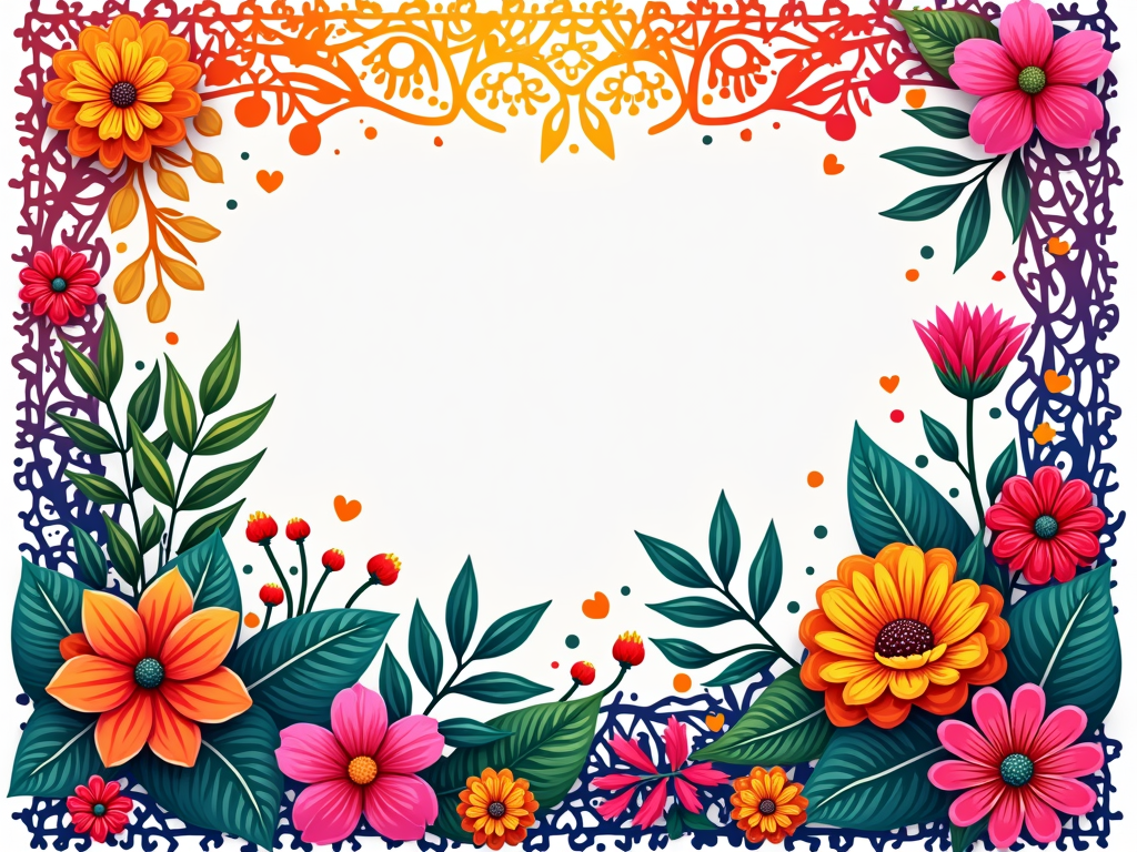 Papel Picado Border with Central Floral Motif: Design a T-shirt where a vibrant border mimicking colorful Papel Picado frames a lush, central arrangement of Mexican folk art inspired flowers. The Papel Picado cutouts can feature miniature fiesta symbols like suns, birds, or hearts.