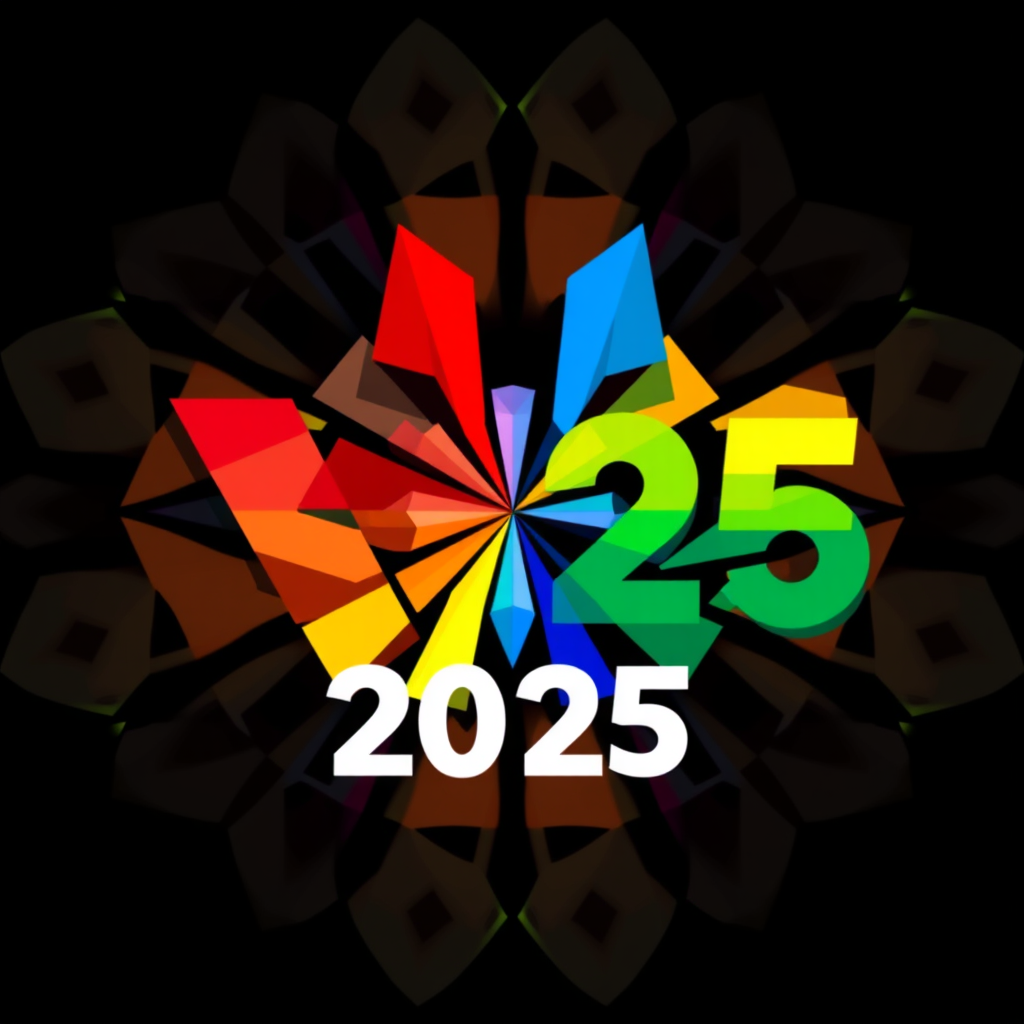 Simple Logo Idea: A stylized 'W' (for WorldPride) or '25' (for 2025) formed from abstract, overlapping shards or facets of a kaleidoscope pattern, rendered in the progressive Pride flag colors to embody dynamic unity and abstract inclusivity.