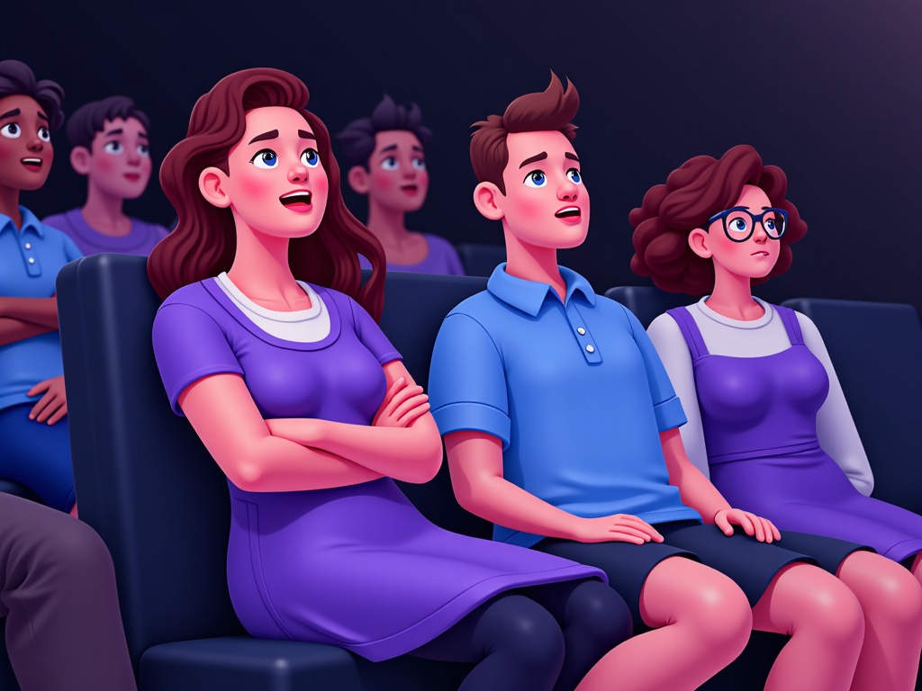 An illustration emphasizing the atmosphere, with soft, perhaps slightly dramatic lighting, focusing on the rapt expressions of a few audience members.