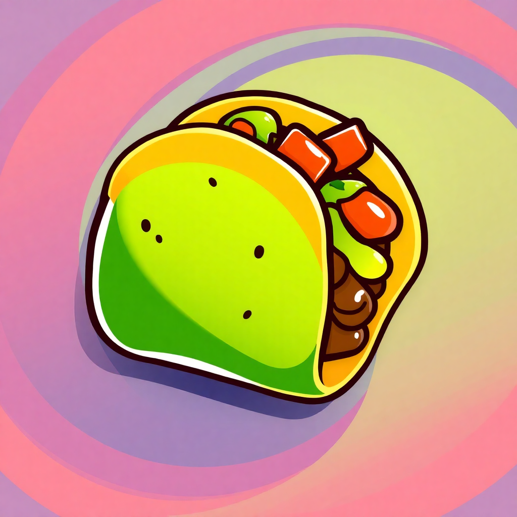 The image is an illustration of a taco. The taco is in the center of the image and is colored in shades of green, yellow, and pink. It has a round shape with a small hole in the middle, which appears to be a smiley face. On top of the taco, there are various toppings such as diced tomatoes, green beans, and black beans. The background is a gradient of pink and purple, with a circular pattern around the edges. The overall style of the illustration is cartoon-like and playful.