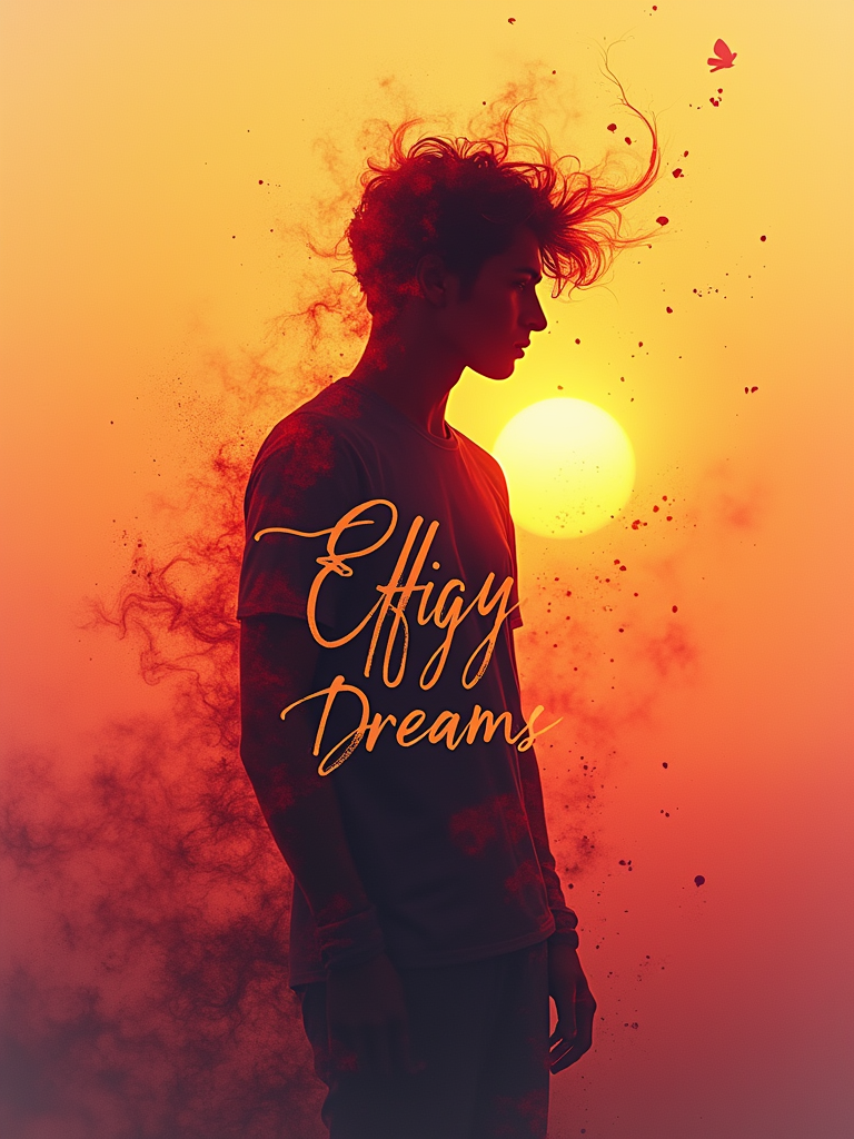 Abstract Heat Haze Man: A more artistic and dynamic representation where the Man effigy's silhouette appears slightly blurred or wavy, as if viewed through intense desert heat. The sunset colors (vivid oranges, yellows, pinks) blend and streak around the silhouette, creating a painterly effect. Text: 'Effigy Dreams' in a flowing, handwritten script.